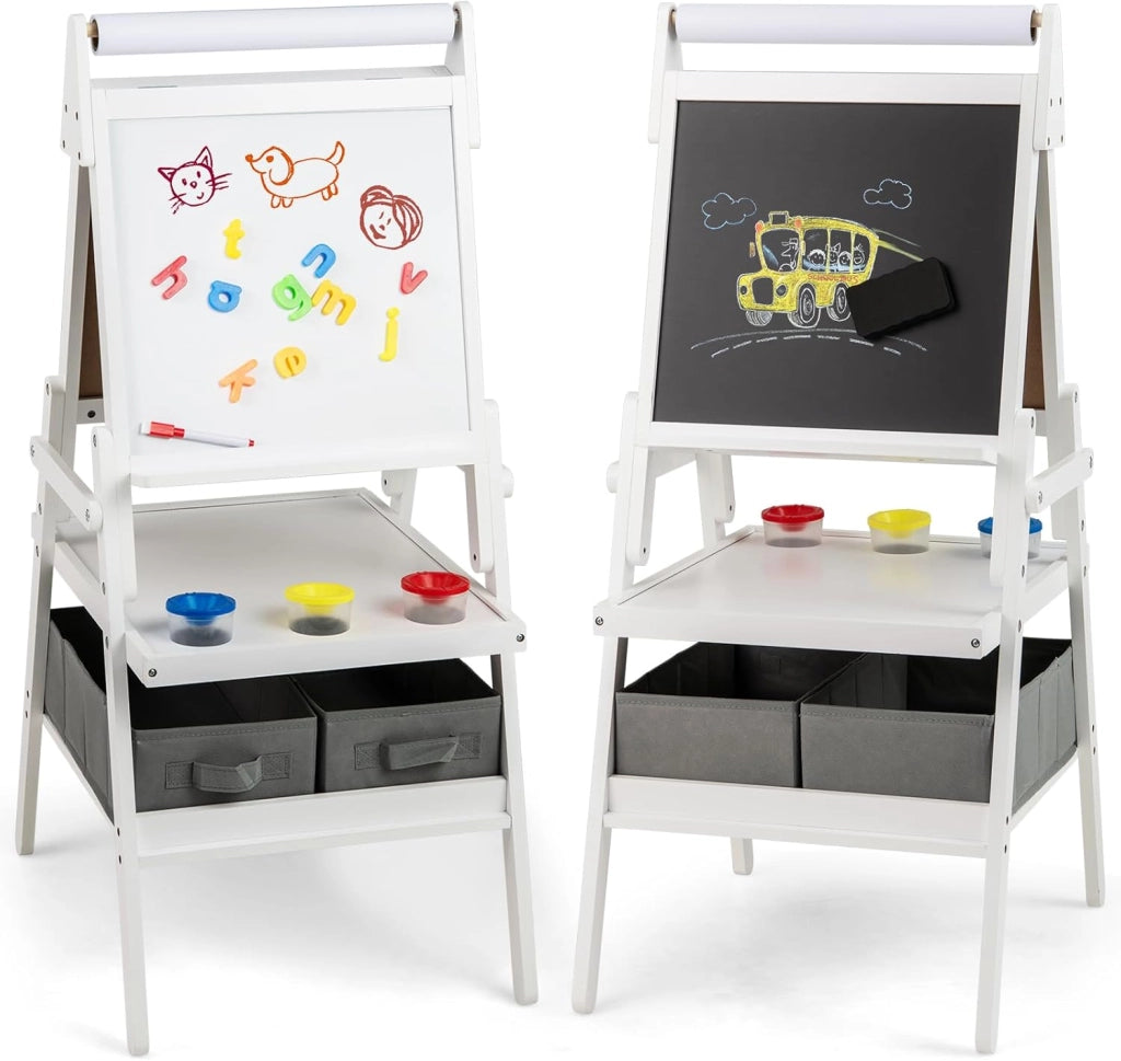3 in 1 Cavalletto per Bambini, Cavalletto con Doppia Faccia Magnetica e Lavagna Bianca, Rotolo di Carta, 3 Bicchieri per Vernice e 2 Ceste in Tessuto, per Bambini 3-6 Anni (Bianco)