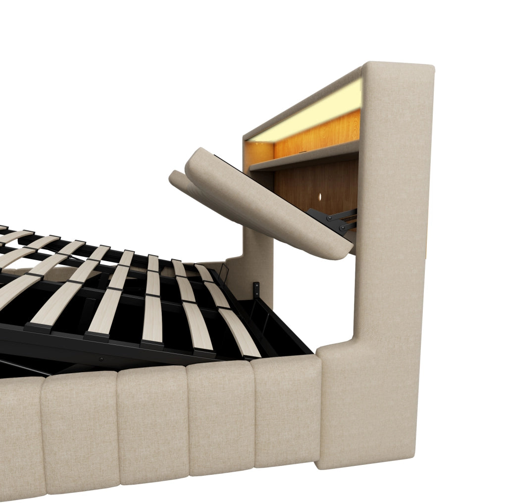 Letto imbottito beige con contenitore idraulico, LED e ricarica USB