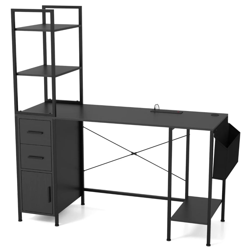 Scrivania moderna 145 x 50 x 147,5 cm con illuminazione LED personalizzabile e stazione di ricarica atmosfera accogliente legno ingegnerizzato nero 20_0010839