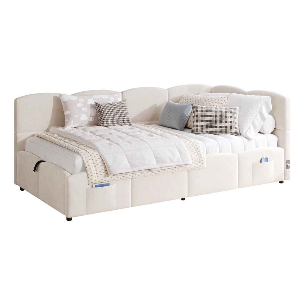 Letto a Divanetto 90x200 cm; Letto Singolo Contenitore; USB-A e USB-C; Bouclé; Beige