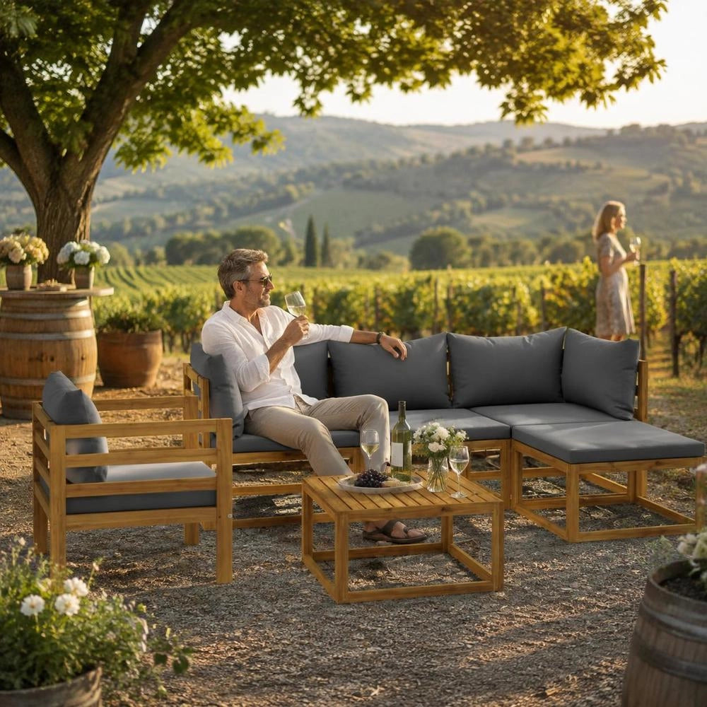 6-piece Garden Lounge Set With Cushions, Solid Acacia Wood