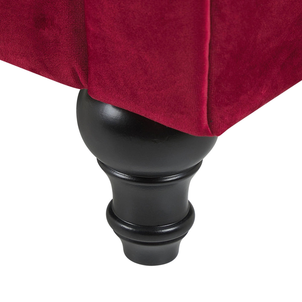 Divano Chesterfield Tessuto Velluto Rosso Scuro Rivestimento Gambe Nere 3 Posti