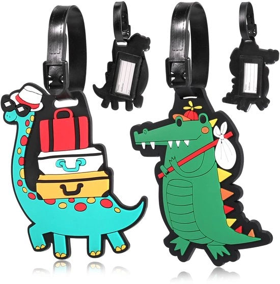 Etichette per bagagli acqua resistenti - 2 pezzi - Dinosauri - ID - supporto per adesivi - accessorio di viaggio - silicone morbido - etichetta di identificazione
