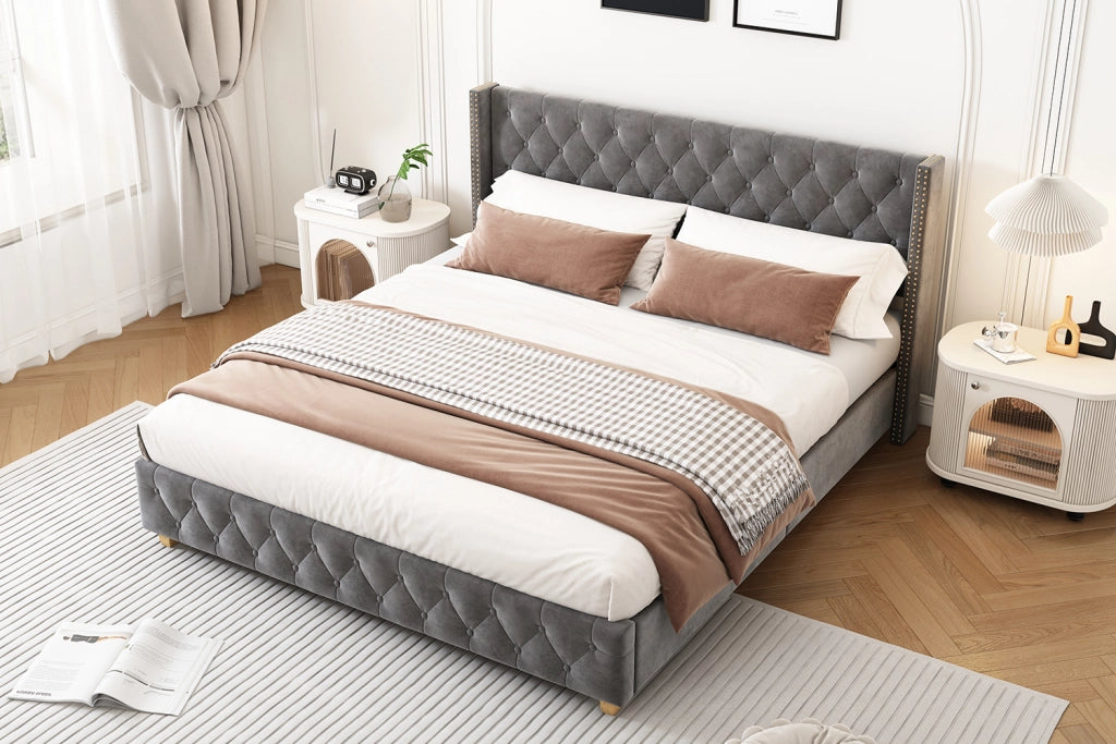 LETTO Imbottito 140x190 cm in velluto grigio con testiera capitonné
