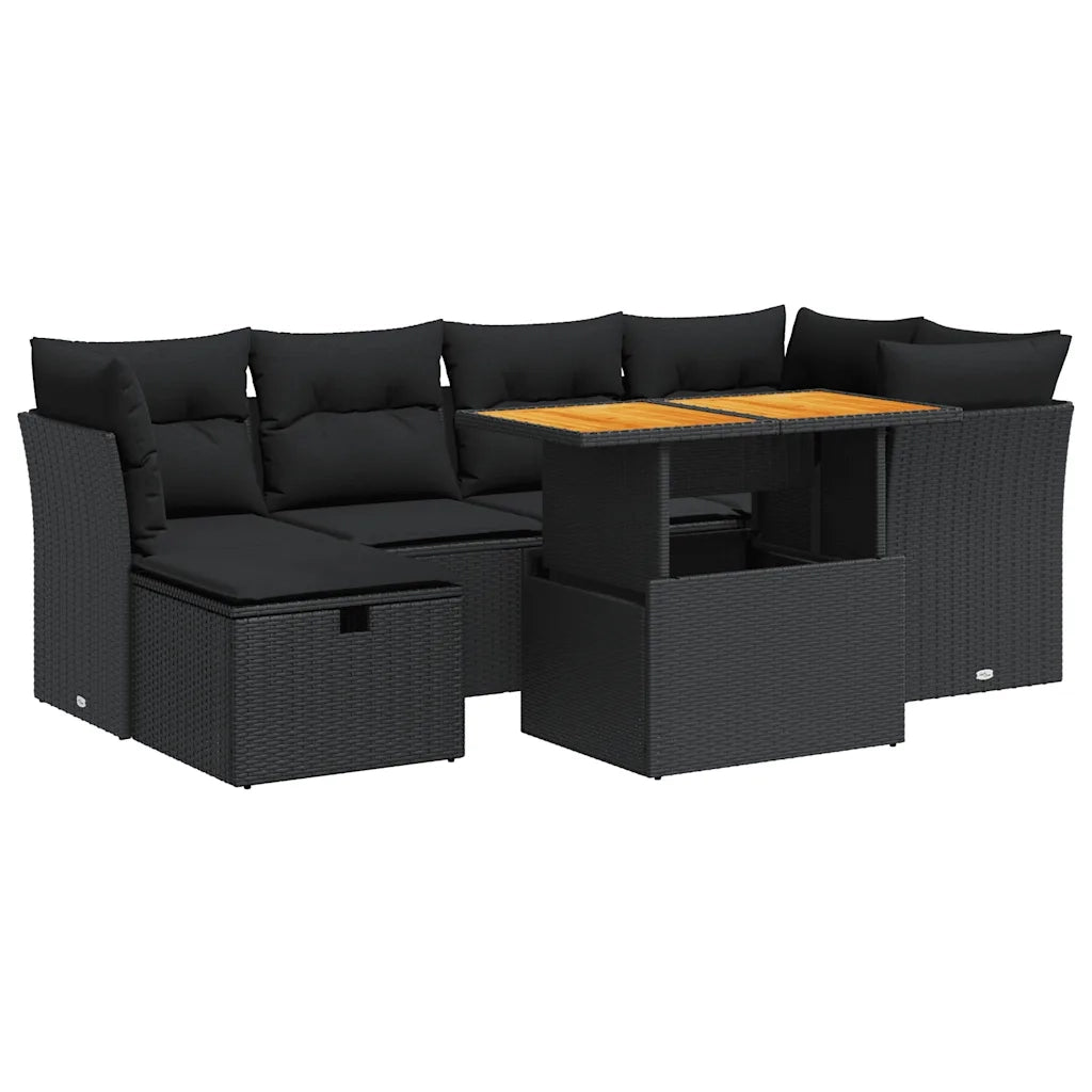 Set Divani da Giardino con Cuscini 7pz Nero Polyrattan Acacia 3327972