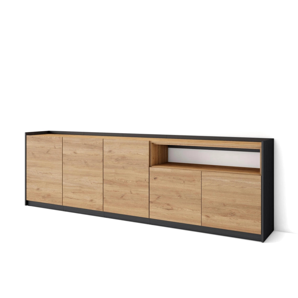 Credenza, Mobile, Cucina, 260x80x37 cm, 5 Porte, grande stoccaggio, Rovere e nero