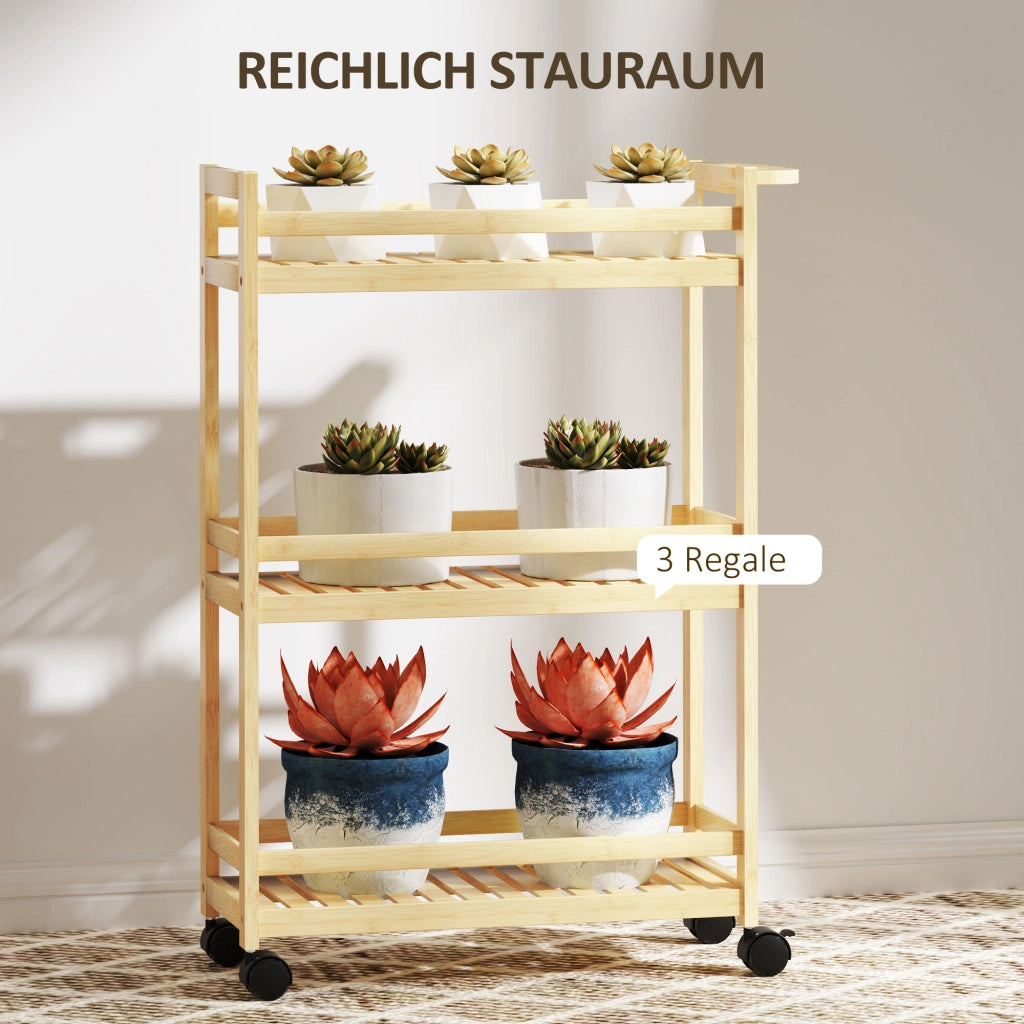 CARRELLO Portavivande 3 ripiani 55x20x75 cm in bambù color legno naturale con ruote