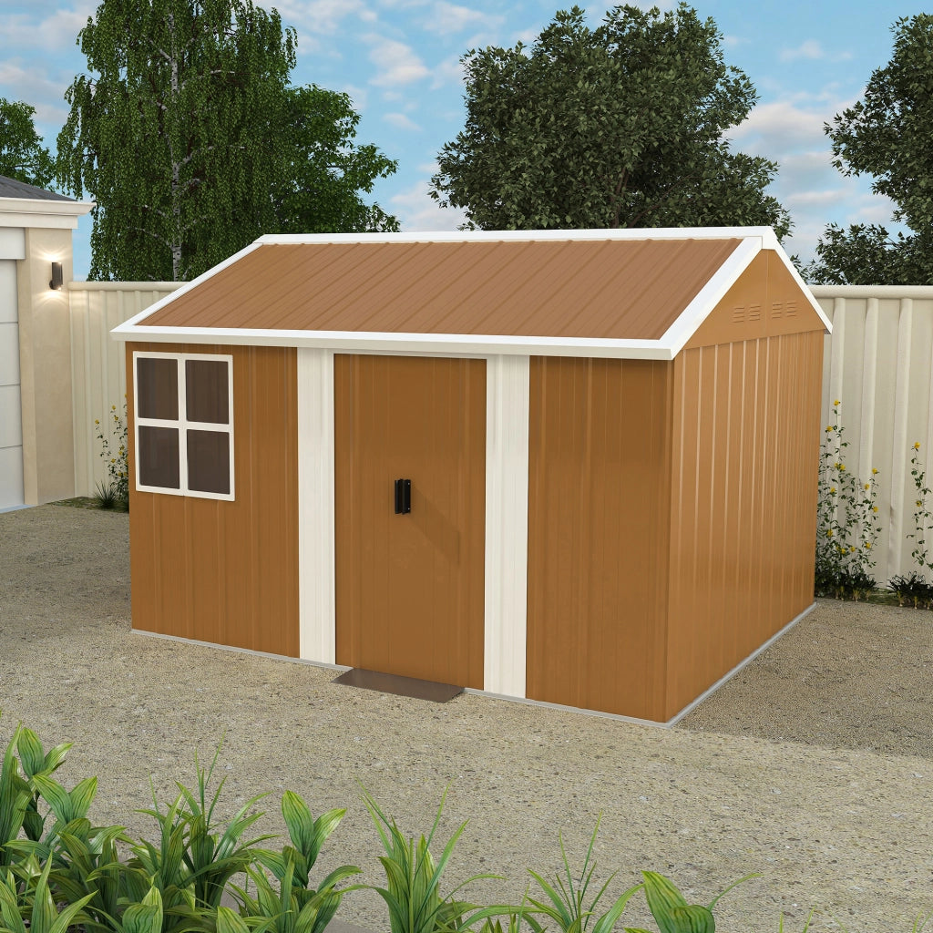 Armadio da giardino in acciaio con doppie porte scorrevoli, ventilazione e tetto a due falde marrone 296 × 233 × 194 cm
