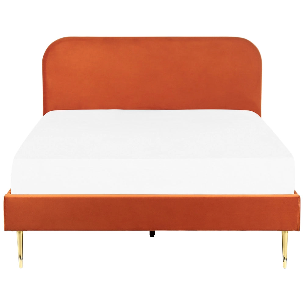 Letto arancione velluto tappezzeria doppia dimensione gambe dorate testiera con rete a doghe 140 x 200 cm design minimalista