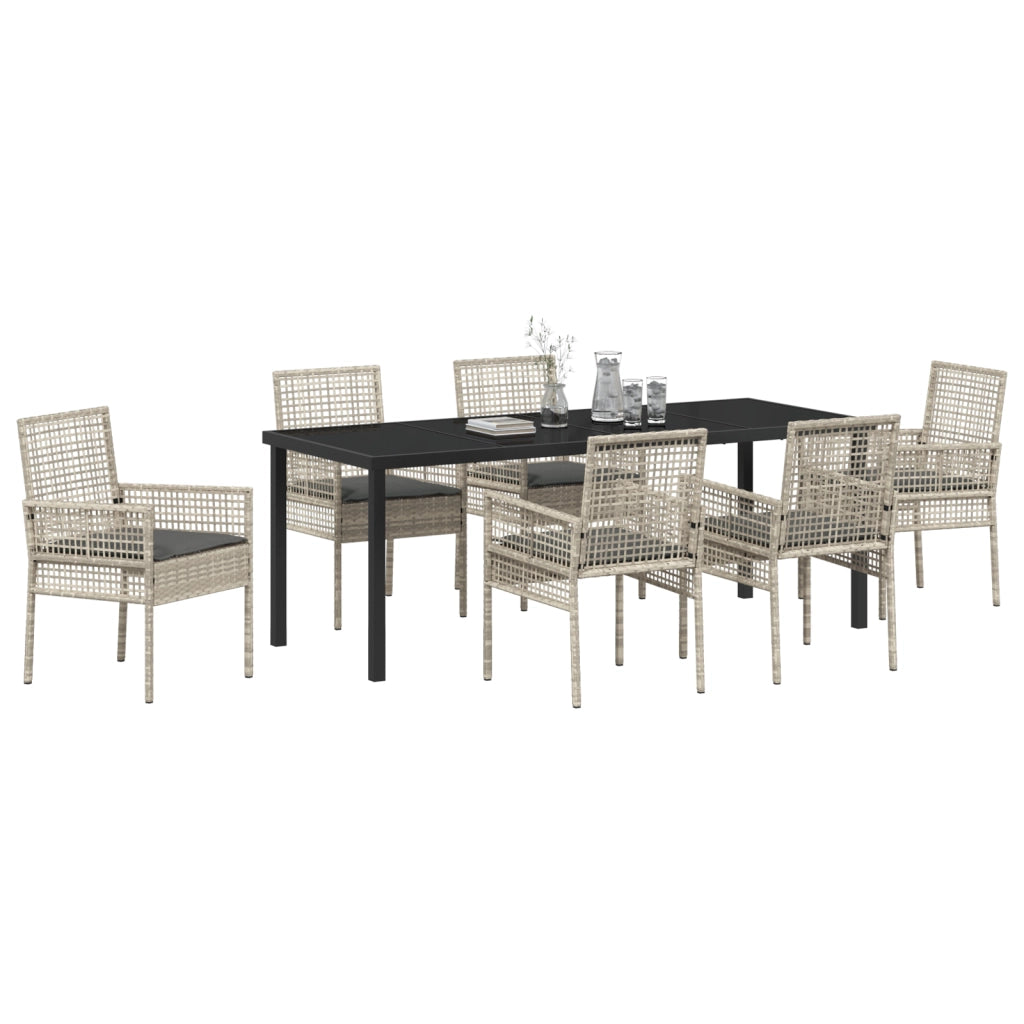 Set da Pranzo da Giardino da 7 Pezzi con Cuscini Grigio Chiaro Polyrattan
