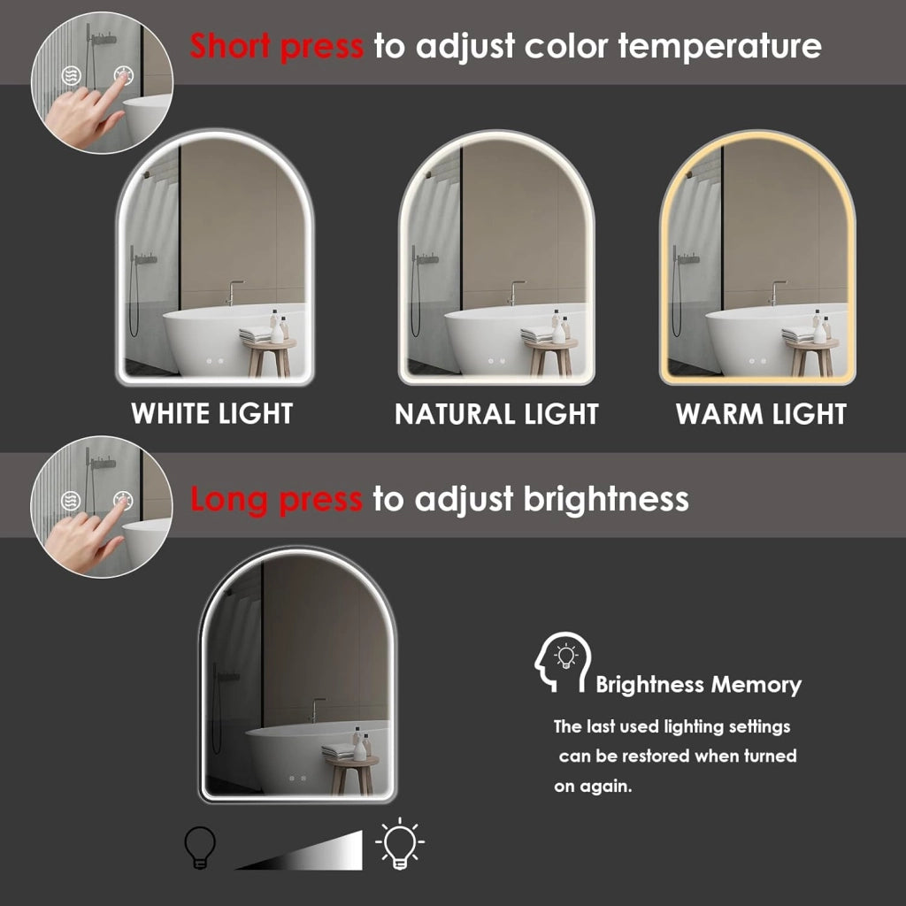 Specchio da bagno illuminato 80 x 60 cm, curvo con interruttore touch, striscia luminosa COB migliorata, specchio da parete illuminato, anti-appannamento, 3 colori chiari