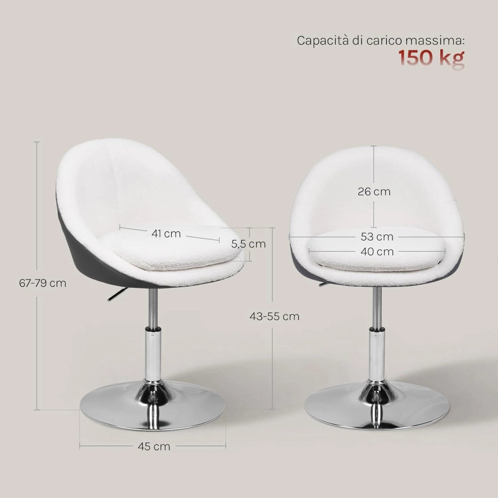 Sgabello per Toeletta Trucco con Schienale, Sedia Moderna Sala da Pranzo Girevole a 360°, Altezza Regolabile, in Tessuto Teddy e PU, per Camera da Letto, Ufficio Domestico, Bianco+Grigio