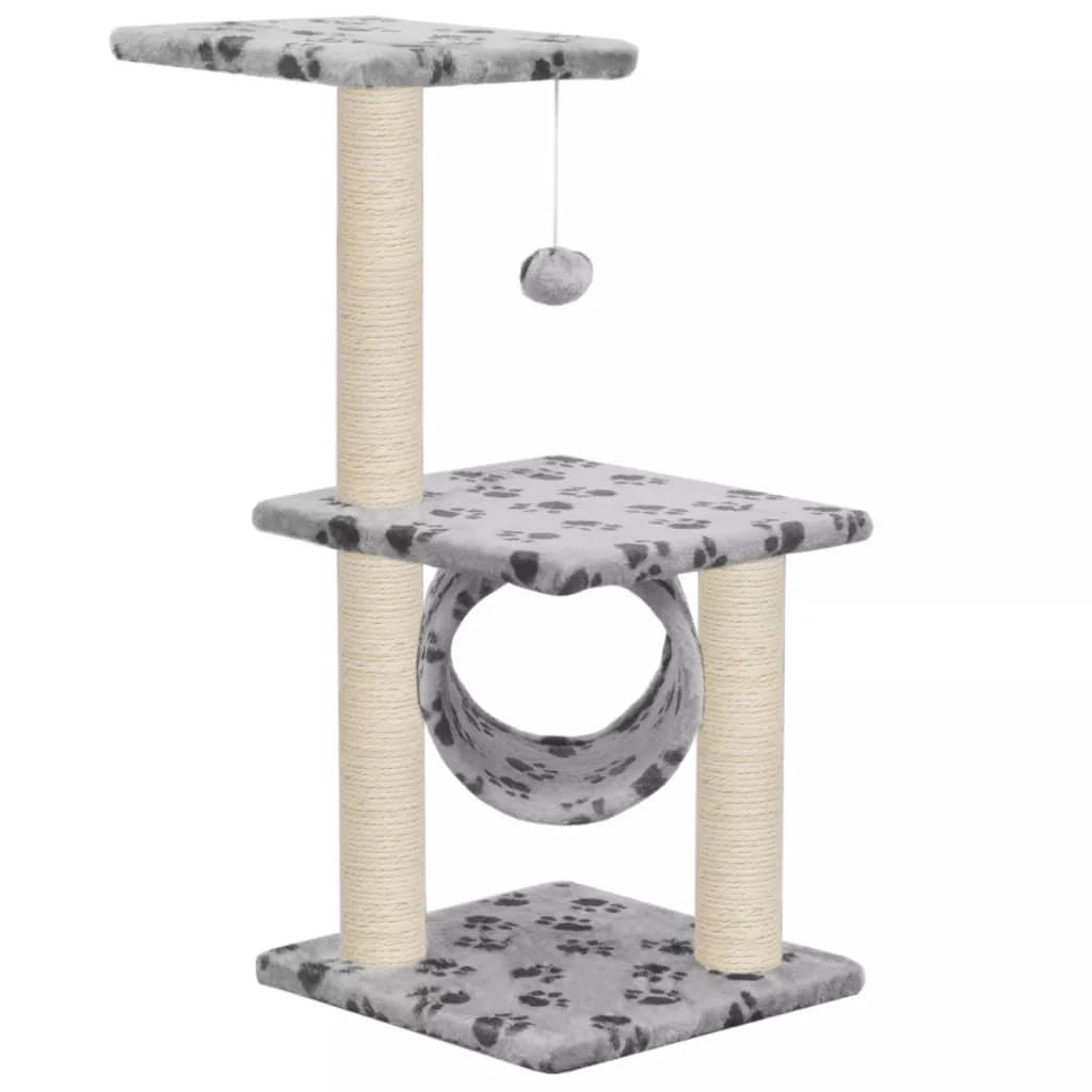Tiragraffi albero per gatti cuccia per gatti peluche in sisal 65 cm grigio con motivo a impronta di zampa 3702104