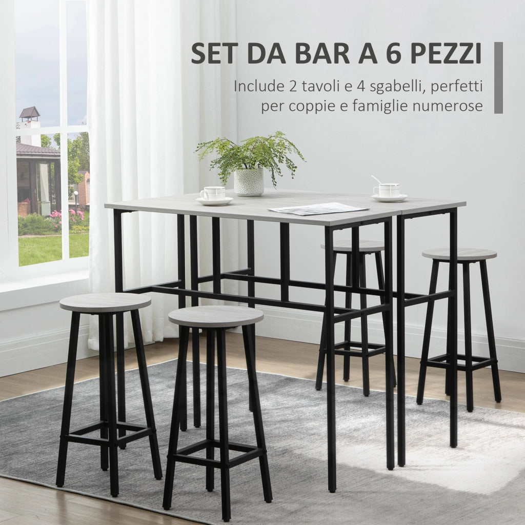 EasyComfort Set da Bar 6 Pezzi con 4 Sgabelli da Bar e 2 Tavoli Alti in Legno Truciolato e Acciaio per Cucina e Soggiorno, Grigio