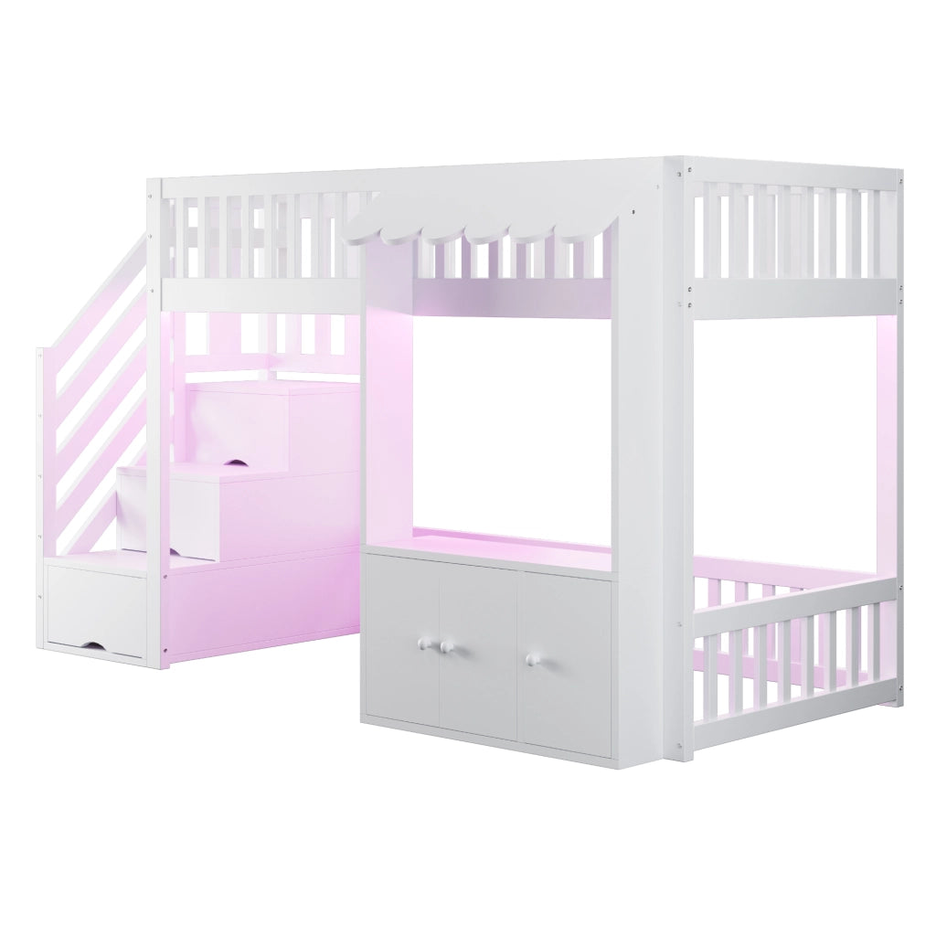 Letto a castello in legno 90x200 cm - Zephmum - Con armadio, scala, luci LED, design a gronda, bianco