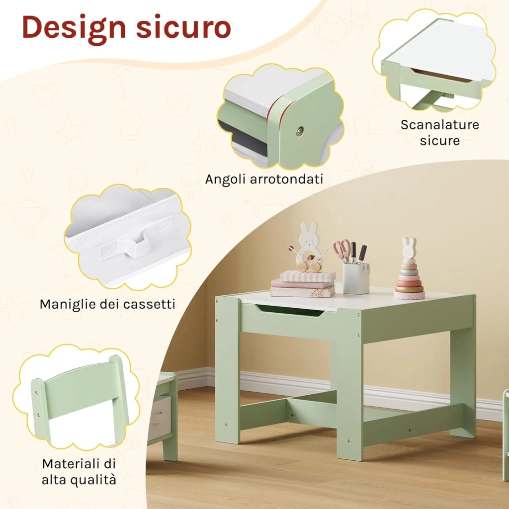 Set da Tavolino e Sedie per Bambini, Tavolo Bambini con 2 Sedie, Lavagna Reversibile, con Scomparto Nascosto e Scatole, per Cameretta, Asilo, Legno, Verde + Bianco