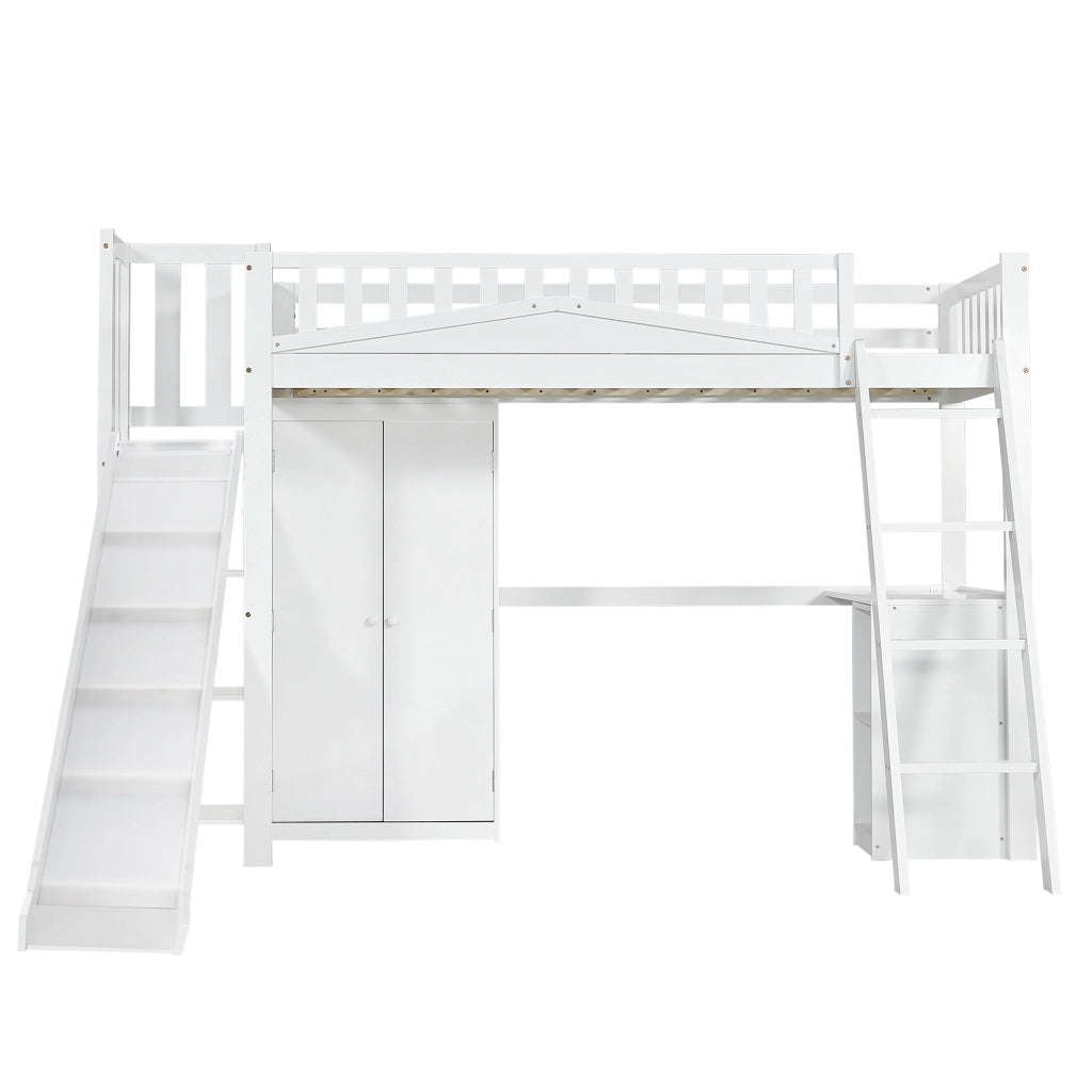 DESMIU Letto a castello Letto per bambini 1 posto con scivolo, scrivania e armadio, 90 × 200 cm, senza materasso, bianco