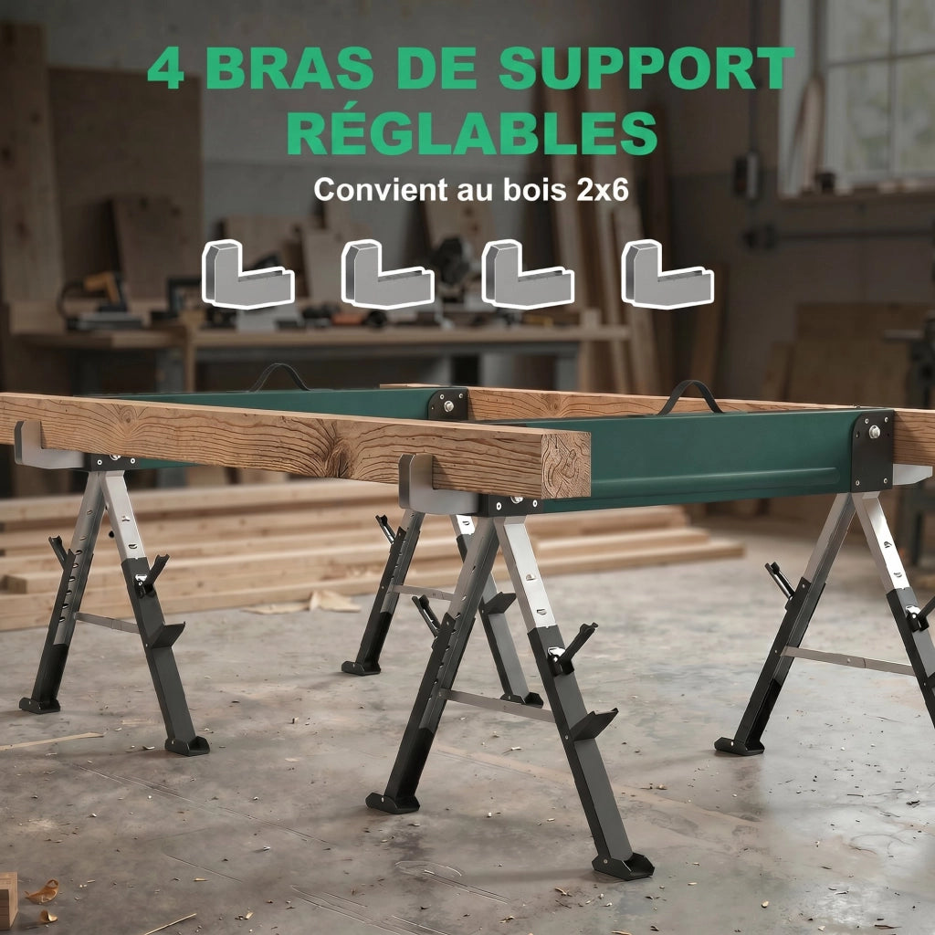 Coppia di Cavalletti Pieghevoli in Metallo ¨C Xylo ¨C Portata 1160kg, Altezza Regolabile 64-81cm, Verde