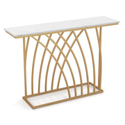 Tavolo consolle da 120cm con piano effetto marmo base geometrica, Tavolo da ingresso lungo e stretto Bianco-Consolle