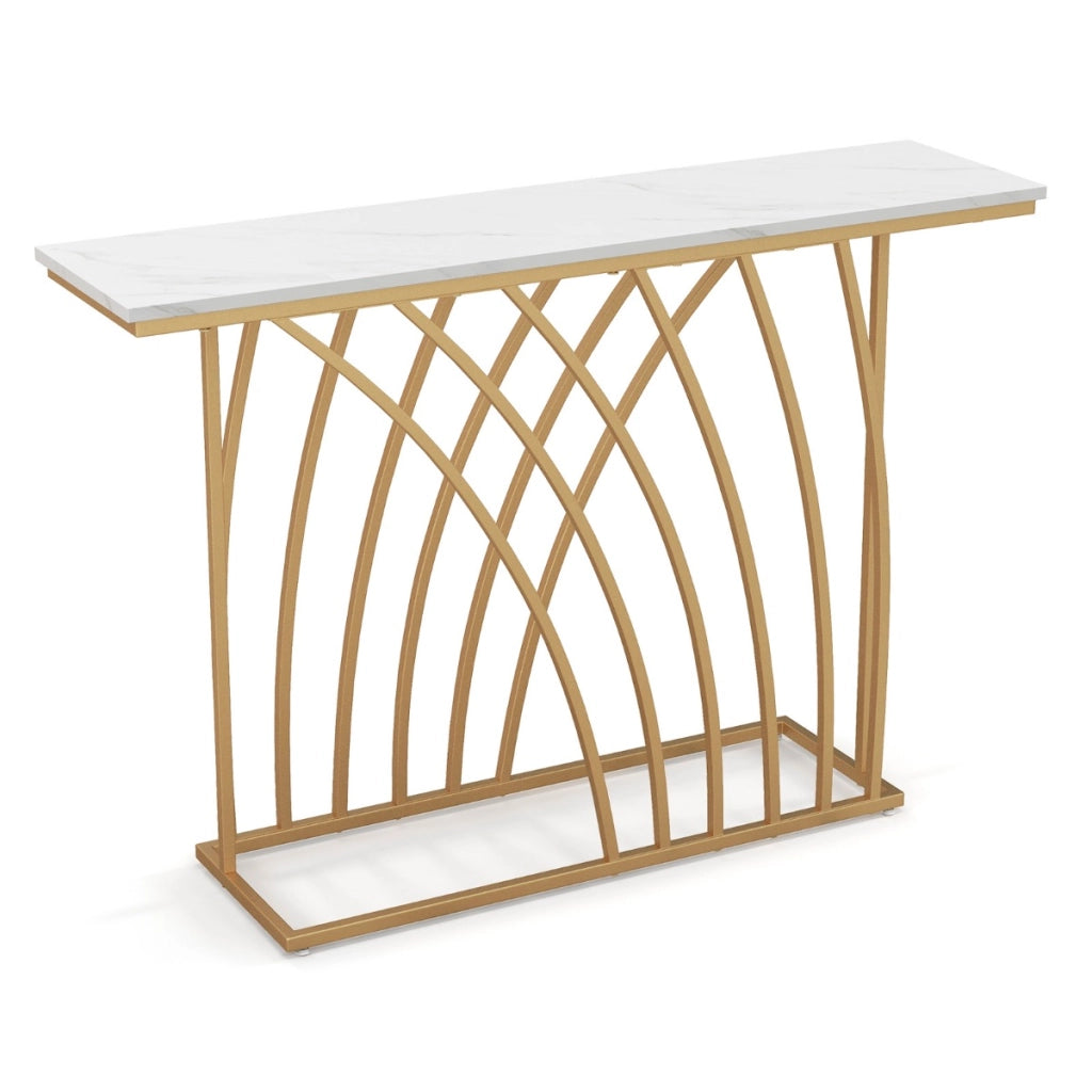 Tavolo consolle da 120cm con piano effetto marmo base geometrica, Tavolo da ingresso lungo e stretto Bianco-Consolle