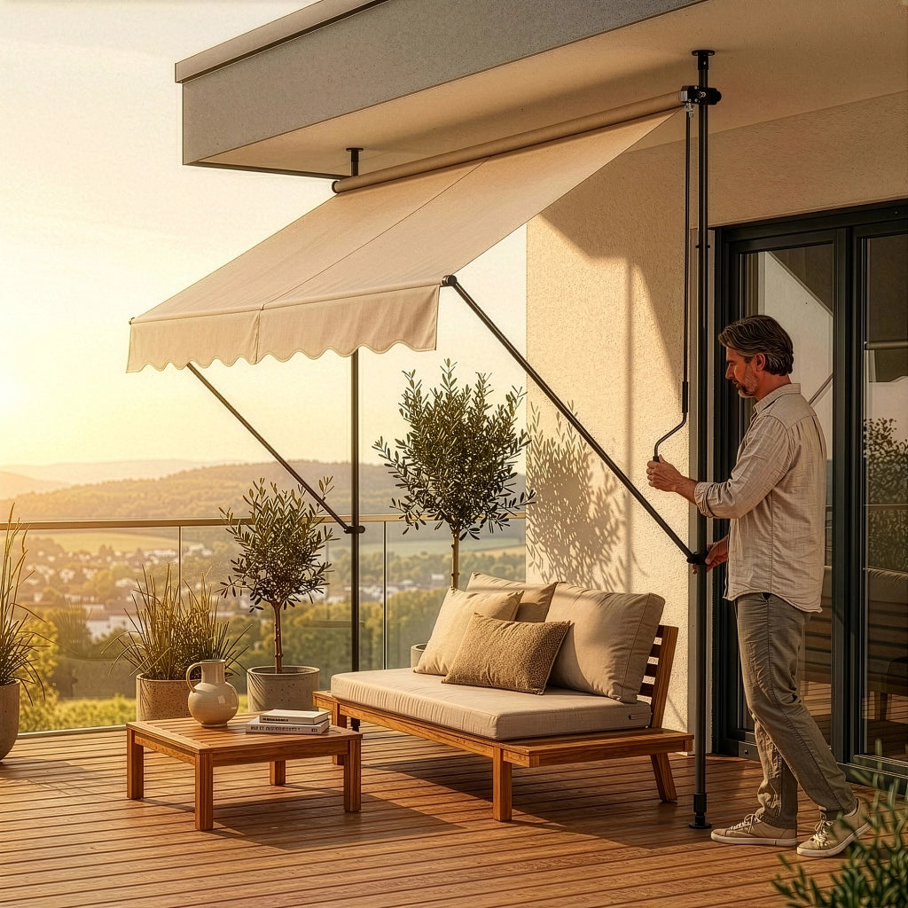 Tenda da Sole a Muro con Pali di Supporto Telescopici Parasole 350 x 120 cm (LxP) color Sabbia pro.tec