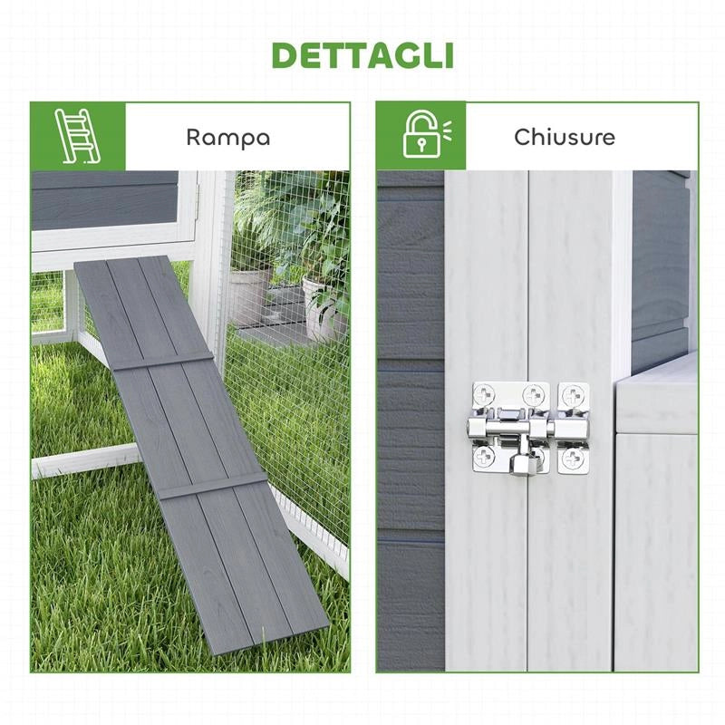 POLLAIO PER GALLINE CON CASETTA NIDO PER COVA E AREA ESTERNA 214X101X 91.5 CM GRIGIO