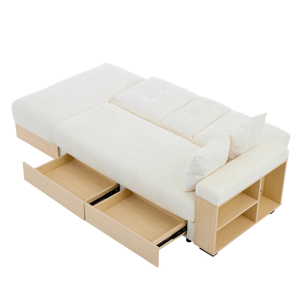 Divano letto con contenitore e schienale regolabile in chenille beige 217 × 110 × 90 cm