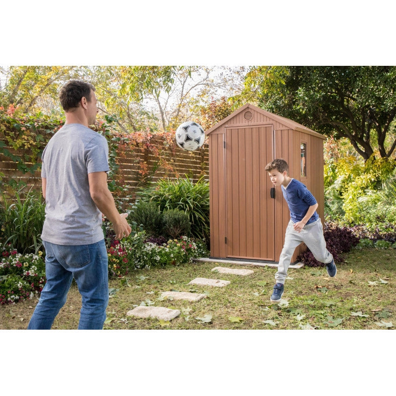 Casetta da giardino in resina EVOTECH+ effetto legno 125,8x184,5x205,1 cm - con pavimento rialzato e finestra laterale - Marrone – Keter