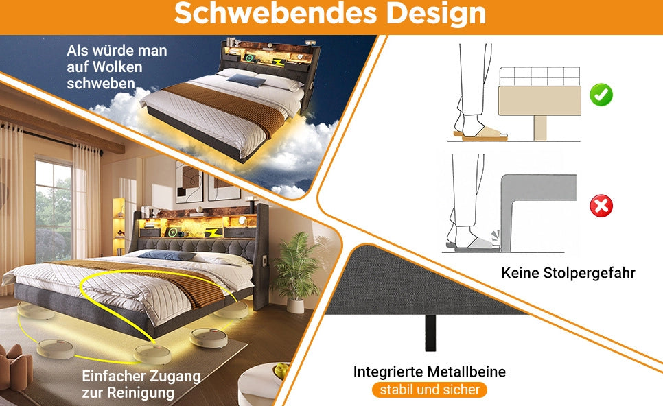 Letto imbottito con luci LED, testiera contenitore e prese di ricarica, grigio