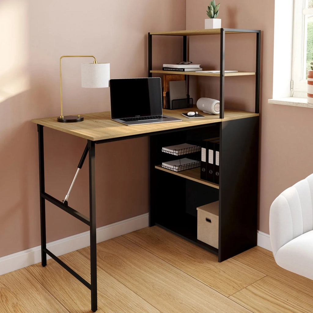 IDMarket - Scrivania libreria pieghevole RAY con legno effetto faggio e piano pieghevole nero