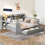 Letto divano 140 × 200 cm con scrivania, scaffali, 2 cassetti, prese USB e contenitore, senza materasso, grigio