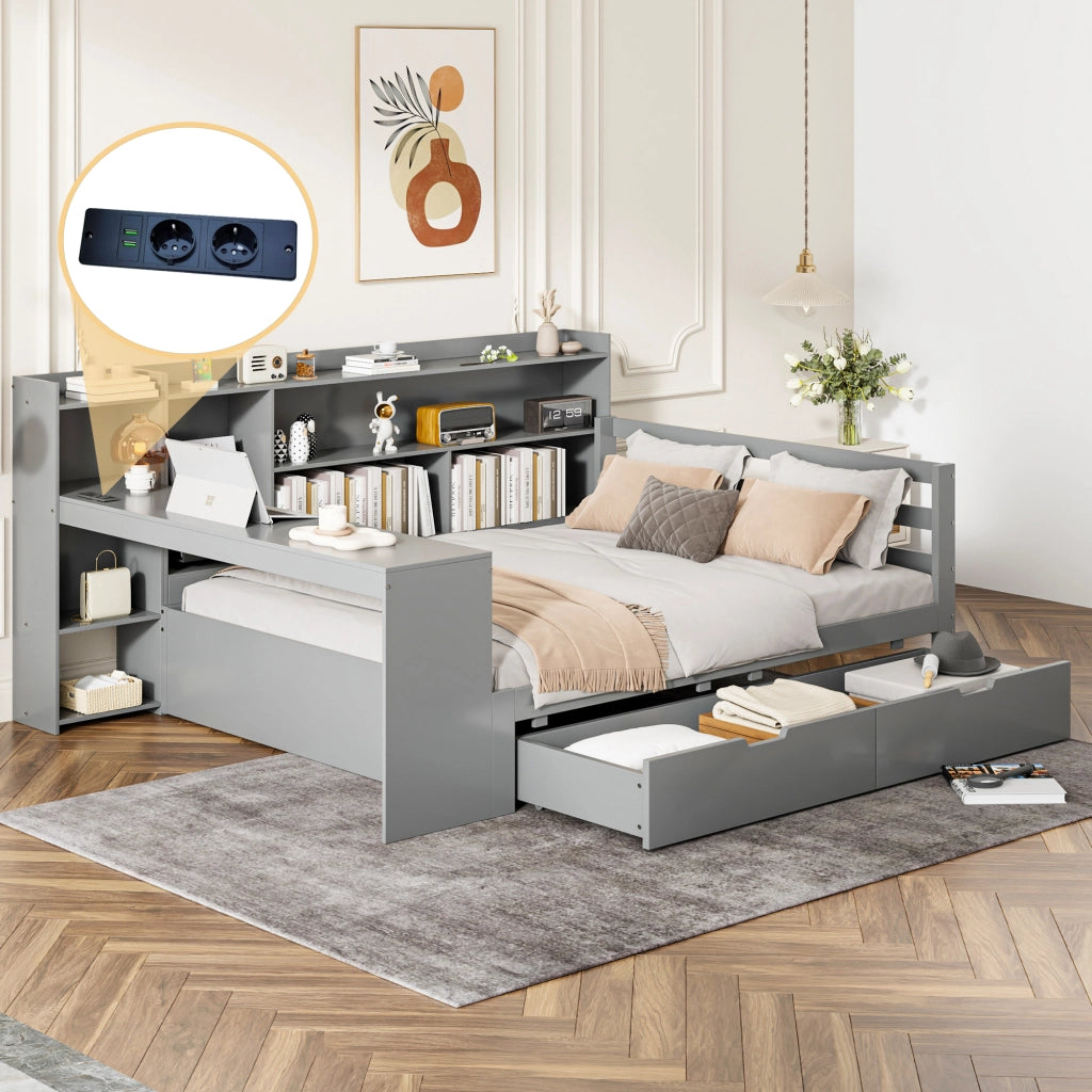 Letto divano 140 × 200 cm con scrivania, scaffali, 2 cassetti, prese USB e contenitore, senza materasso, grigio