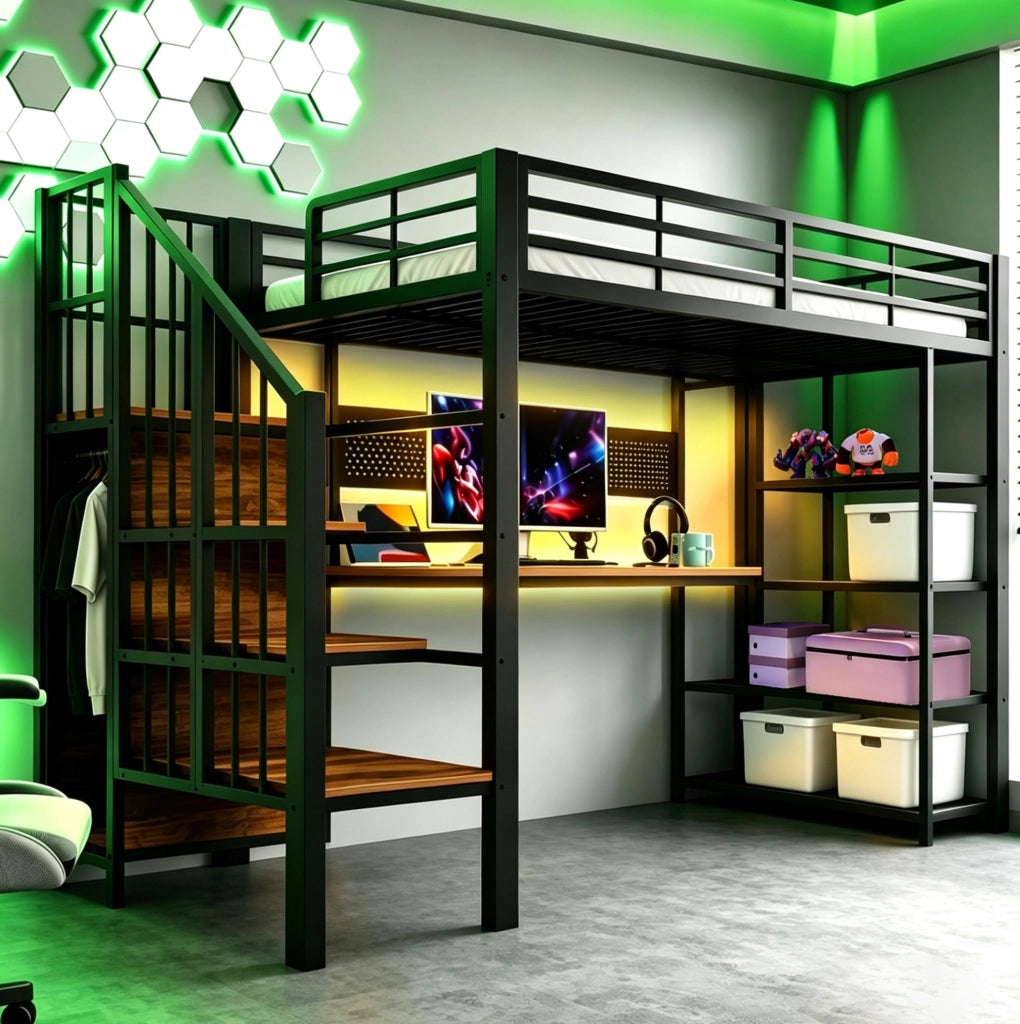 Letto a soppalco multifunzione 90x200 cm in metallo e legno; con scala contenitore; LED e prese; nero