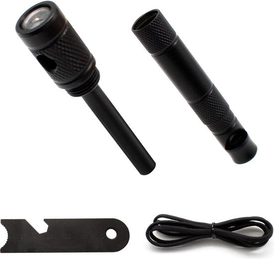 Kit di sopravvivenza 6 in 1 - Accendino da campeggio con lanyard e fischietto - Compasso da esterno con apripetto e misuratore per paracorda bushcraft - Nero