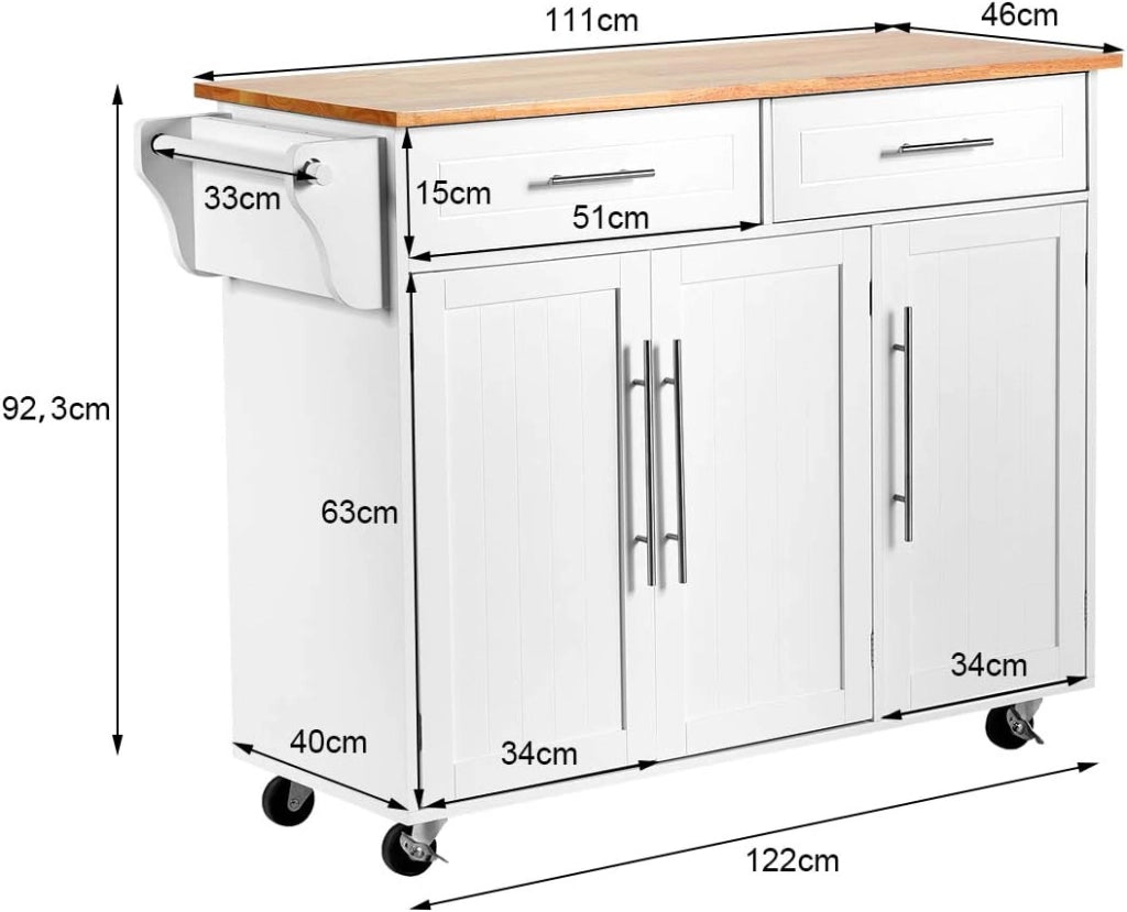 Carrello da Cucina, Carrello di Servizio con Ruote e Maniglia, 3 Ante e 2 Cassetti, Ideale per Cucina Ristorante Bar, 122x46x92,3 cm, Bianco