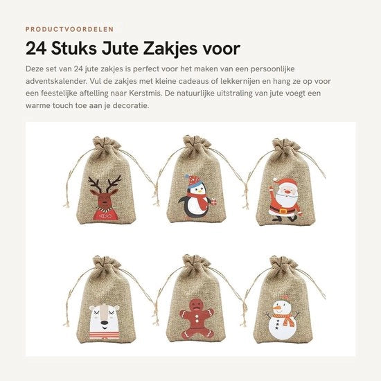 Calendario di Natale da 24 pezzi con sacchetti di juta - Pacchi di regalo per l'autoaiuto - Sacchetti per regali di Natale - Corda per aprire - Disegni colorati - Sacchetti per regali