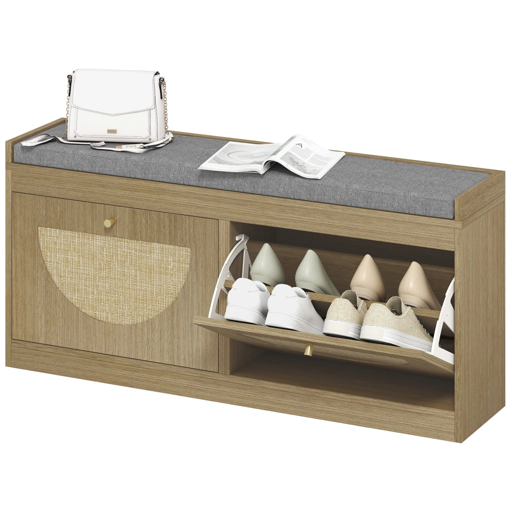 Scarpiera con seduta imbottita e ante in rattan ¨C zephmum ¨C naturale 60x40x80 cm