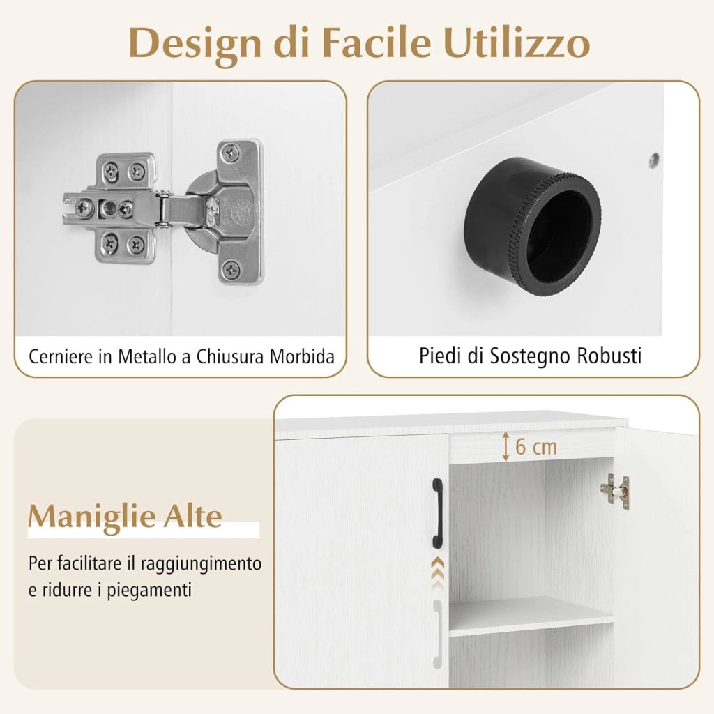 Credenza Bassa per Soggiorno con 2 Ante e Mensola Regolabile su 5 Livelli, Mobile da Cucina Moderno in Legno, Mobiletto Salvaspazio per Salotto e Ingresso, 80 x 31,5 x 82 cm (Bianco)