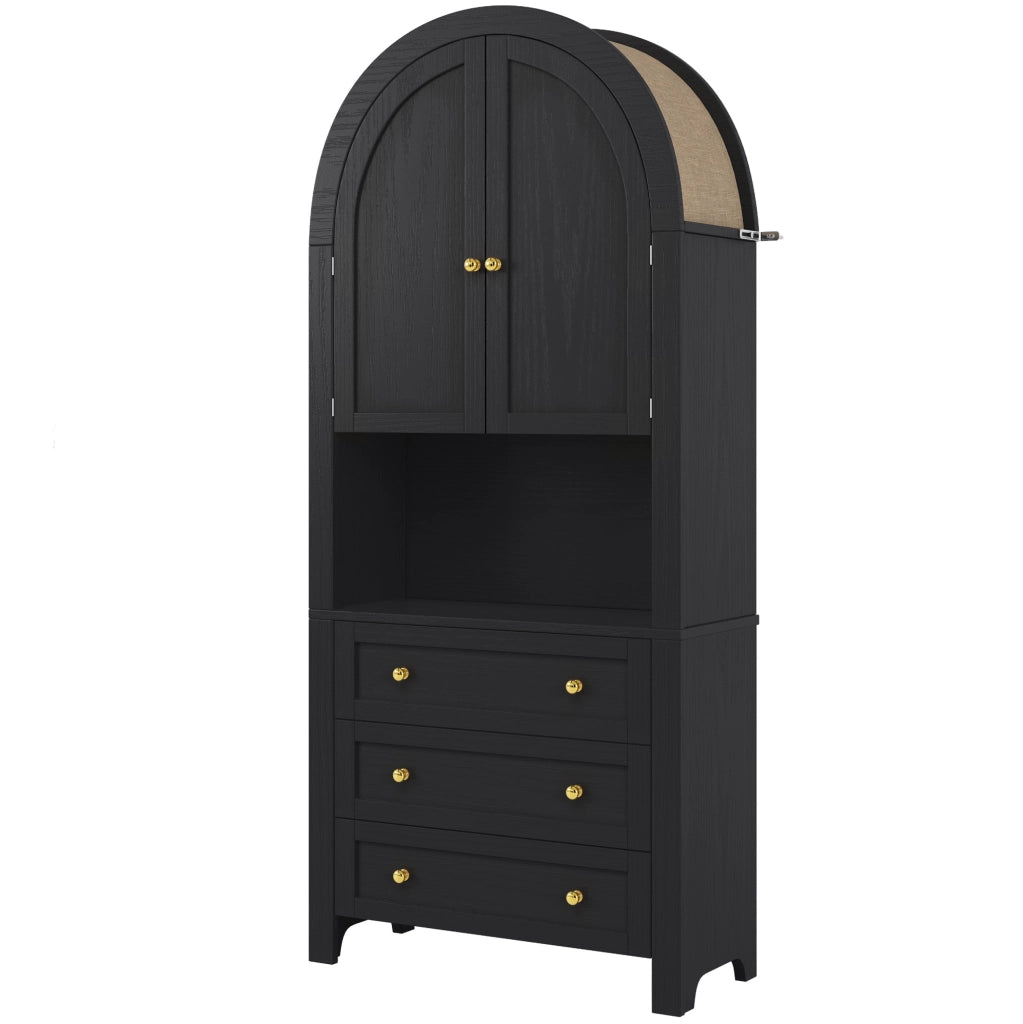 Credenza alta 70x35x180 cm con 3 cassetti; vano aperto e dettagli in metallo in MDF nera