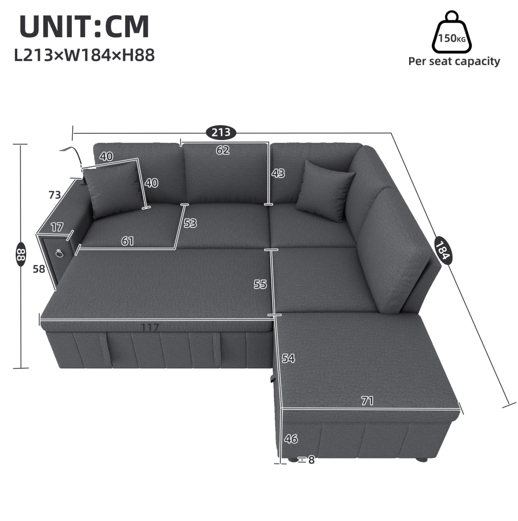 Divano letto angolare 5 posti con pouf contenitore; USB e Type-C grigio HOMVRA