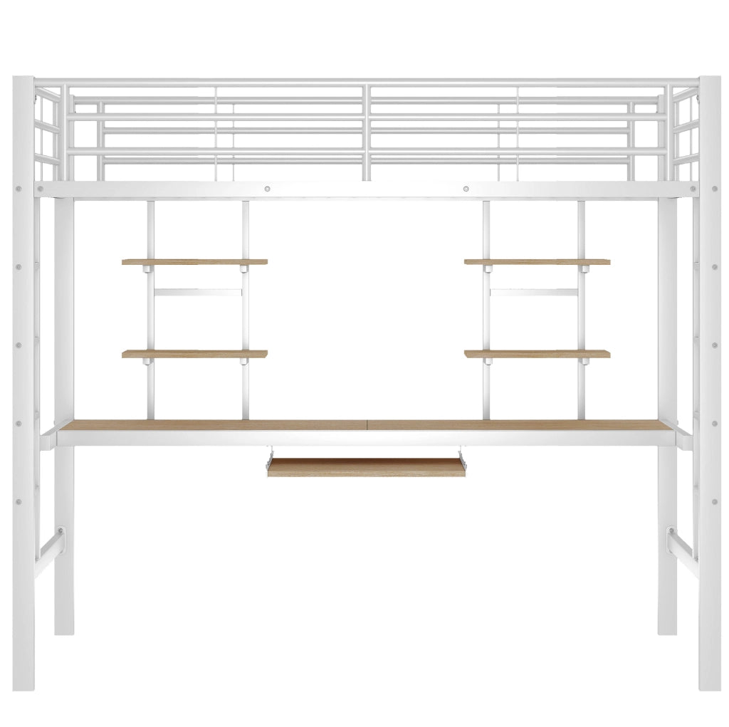 Letto a soppalco in metallo bianco 90x200 cm con scrivania e due scaffali integrati