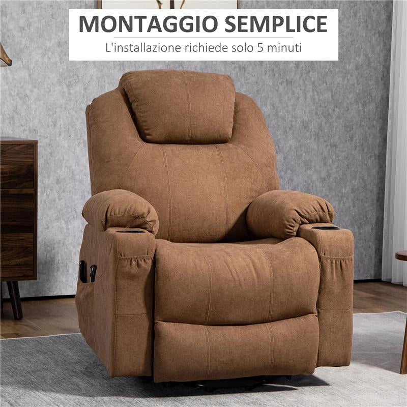 POLTRONA ALZAPERSONA MASSAGGIANTE A 8 PUNTI CON TELECOMANDO, IN TESSUTO EFFETTO LINO, 90X101X107 CM, CAFFÈ