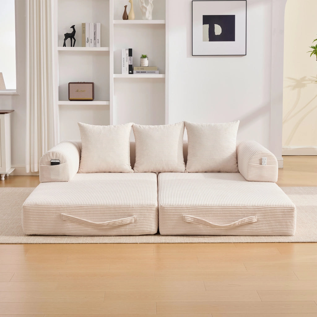 Divano Modulare con Tasca Laterale e 3 Cuscini in Velluto a Coste Beige 200 × 94 × 67 cm