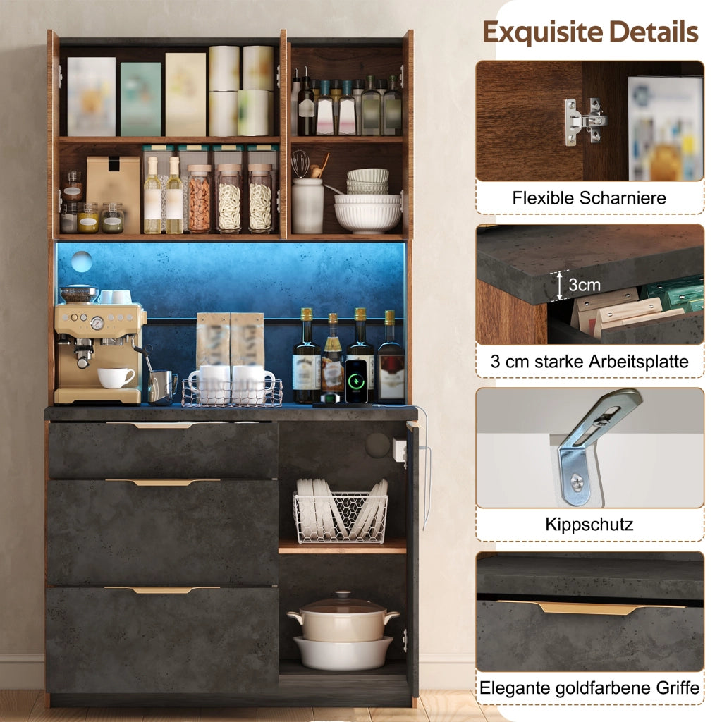 Mobile dispensa con LED RGB e prese integrate; ripiani regolabili e cassetti in MDF naturale 100 × 40 × 180 cm