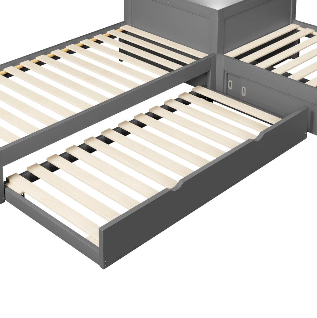 Letto singolo 90x200 con letto estraibile, ante scorrevoli e luce LED grigio