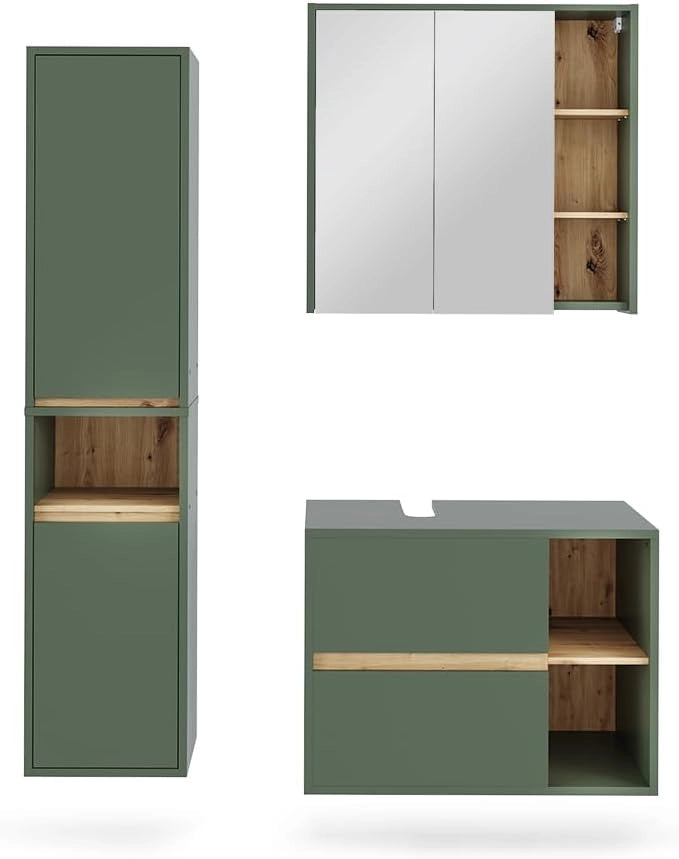 Set di mobili da bagno Viola, Artigiano/grigio, 80 cm, composto da mobile lavabo, pensile a specchio, colonna e base media