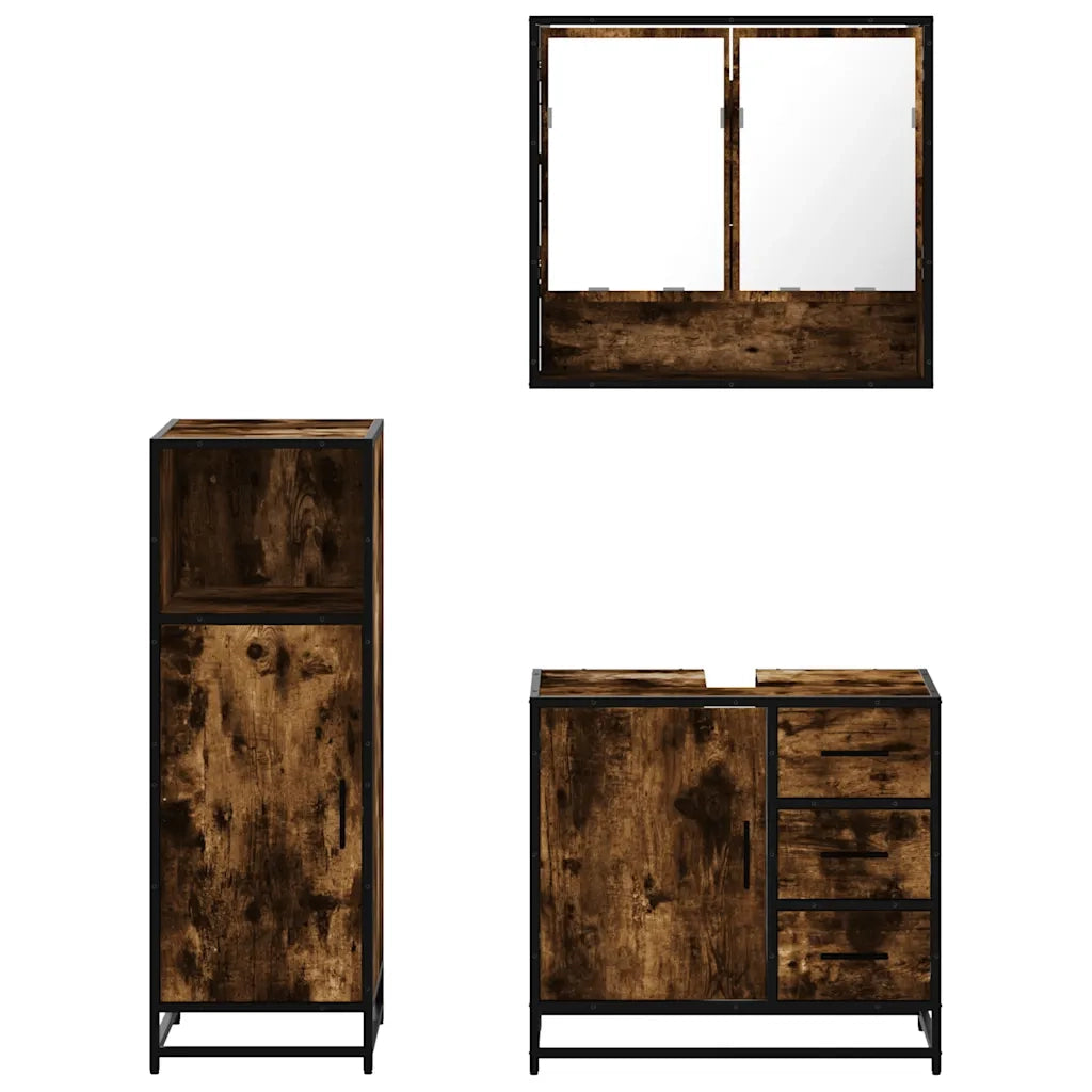Set Mobili da Bagno 3 pz Rovere Fumo in Legno Multistrato