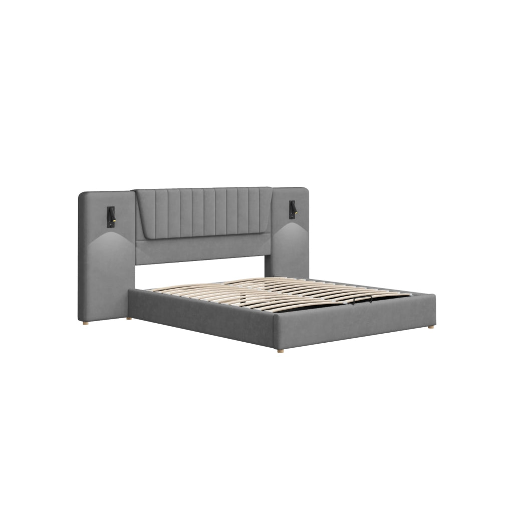 Letto imbottito matrimoniale 180x200 cm in velluto grigio con luci LED e contenitore
