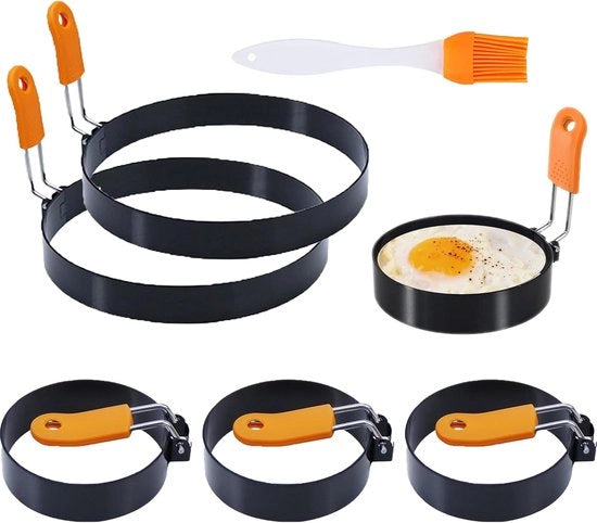 Impastatrice per Pancake e Uova - Con Manico in Silicone e Pennello per Olio - Set di Forme per Pancake - Maker di Pancake - Forma per Uova Fritte - Acciaio Inox - 4x 3,5"+ 2x 6