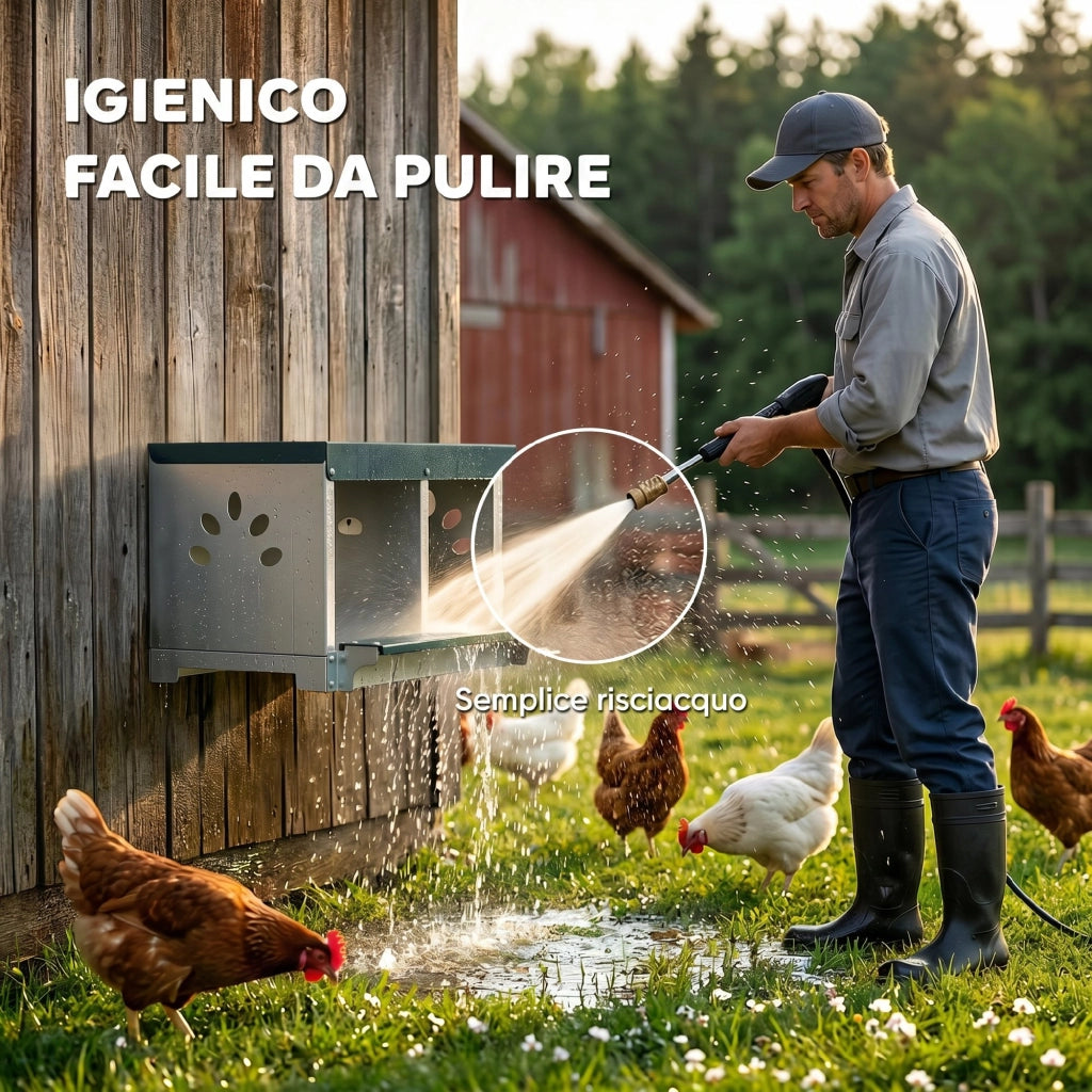 Nido per Galline Ovaiole in Acciaio a 2 Aree con Base Rialzata. Tetto e Fori di Ventilazione. Argento